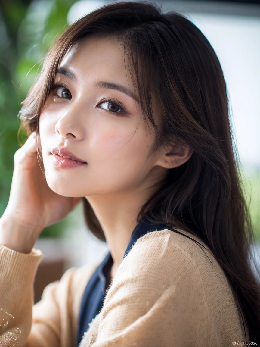 (best quality,4k,8k,highres,masterpiece:1.2),ultra-detailed,(realistic,photorealistic,photo-realistic:1.37),half body shot,beautiful detailed eyes,beautiful detailed lips,green eyes,photography,professional,vivid colors,portrait,brunette hair, natural long hair,28 years old, navy blue indoor background, artistic composition,soft lighting, wear kebaya, closed mouth, no teeth showing, real textured skin, body straight face to camera, lively eyes