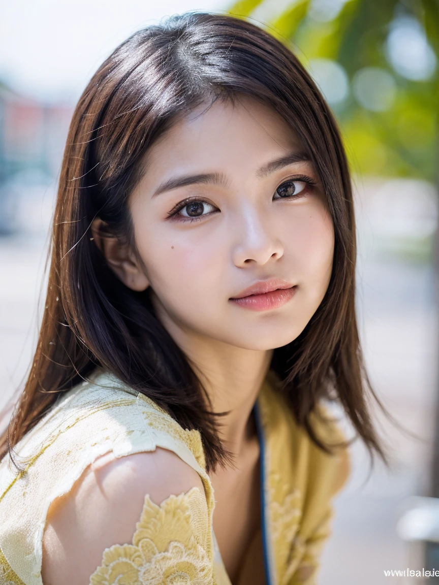 (best quality,4k,8k,highres,masterpiece:1.2),ultra-detailed,(realistic,photorealistic,photo-realistic:1.37),half body shot,beautiful detailed eyes,beautiful detailed lips,green eyes,photography,professional,vivid colors,portrait,brunette hair, natural long hair,28 years old, navy blue indoor background, artistic composition,soft lighting, wear kebaya, closed mouth, no teeth showing, real textured skin, body straight face to camera, lively eyes