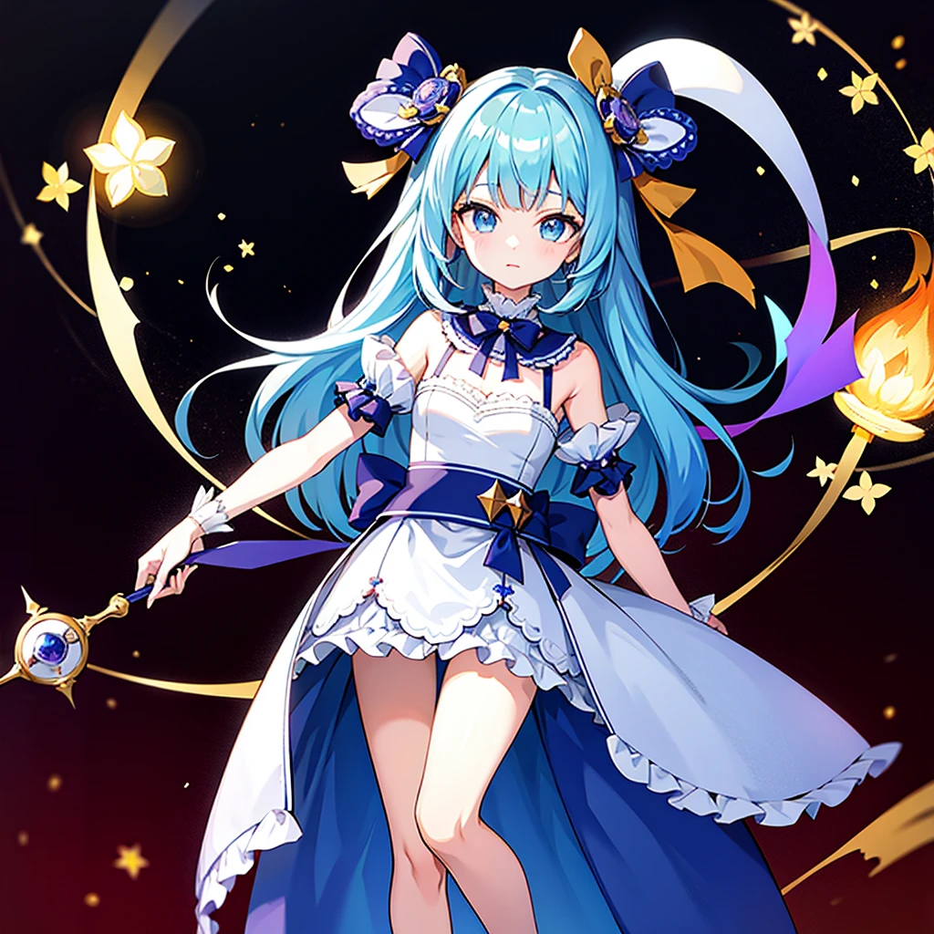 ((Highest quality)), ((masterpiece)), (detailed), One girl, Fine Lines, (Big eyes, The corners of the eyes are droopy and slanted, Lower eyelid corners droop), (Light blue hair, Loosely wrapped, Two Side Up), ribbon, Frills, Soft and fluffy, fluffy, Tanabata, Sparkling, moon, star,