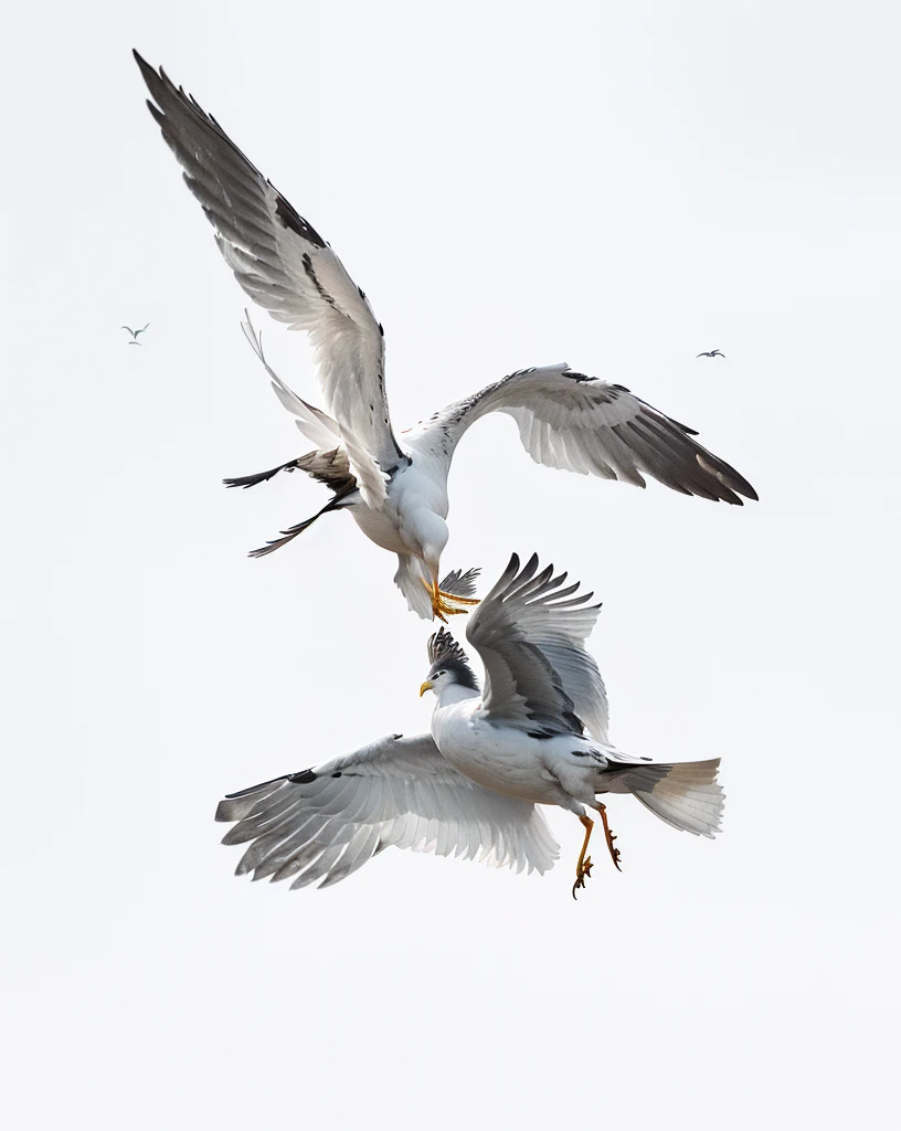 There are two birds flying together in the sky, it flies in a storm, Close combat, They fought fiercely., author:John Gibson, By Jan Rustem, Fierce Battle, two males, In flight, author:Raymond Norman, author:Ivan Grohar, author Larry D. Alexander, author:Mandy Jurgens, Seagull, Aerial
