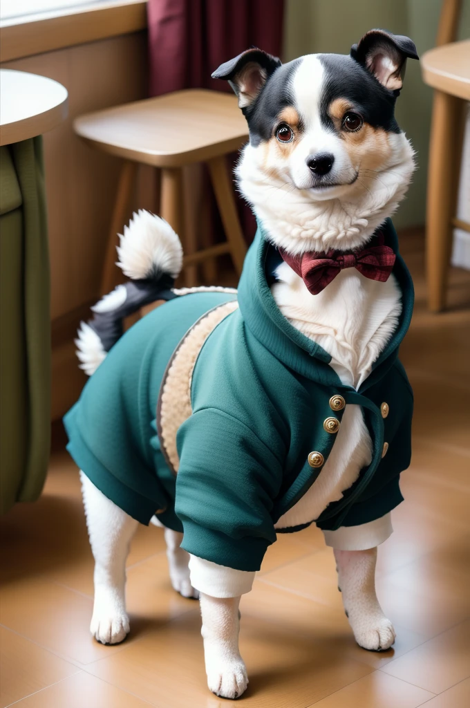 A dressed dog standing on two legs、Facing forward