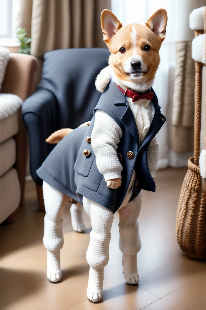 A dressed dog standing on two legs、Facing forward