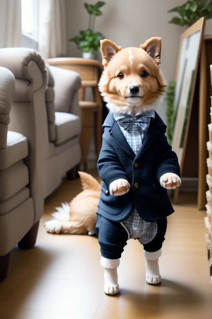 A dressed dog standing on two legs、Facing forward