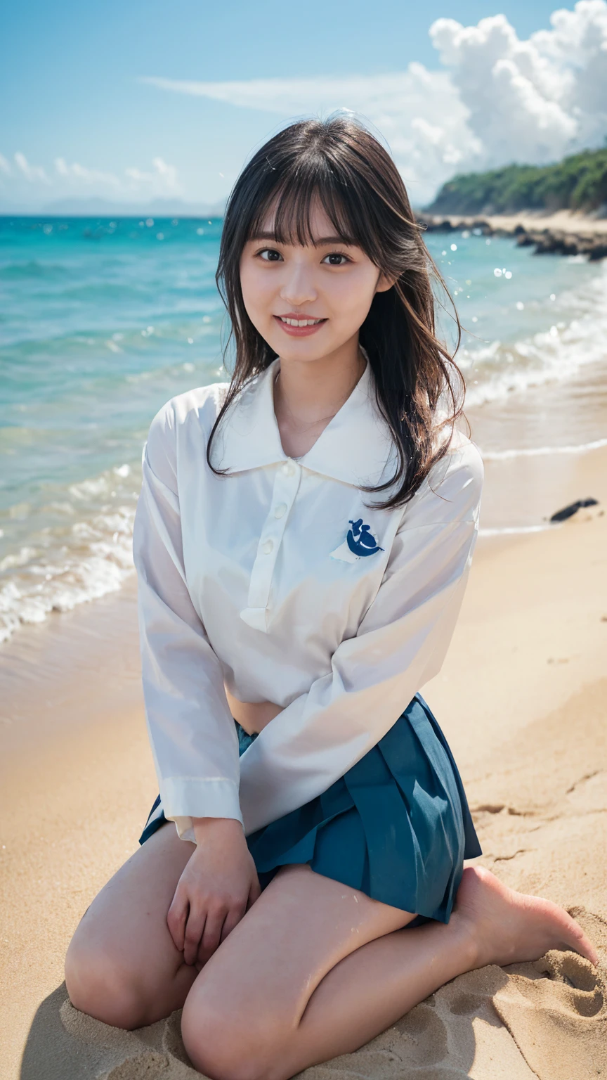 (((sunny day、Japanese 、Beach、A strong wind is blowing、Her hair and skirt are flying、Crouch down, Scooping up seawater and spreading your hands、Traditional navy blue sailor uniform、White blouse、Pleated skirt、Scooping seawater with hands:1.25、splash、Splashing water on each other、smile、Laughter、Sandy Beach、Light of the sun、clear blue sea、The waves crash quietly、Blue sky and white clouds、green mountain々、Beautiful Nature、The joys of youth)))、(((Top-down configuration:1.33)))、(((8K、Highest quality、masterpiece、Ultra-high resolution)))、(Realistic:1.4)、RAW Photos、(Real skin texture:1.3)、(Film Grain:1.3)、((No underwear、Bend one leg))、One Girl、Beautiful and detailed eyes and face、barefoot、