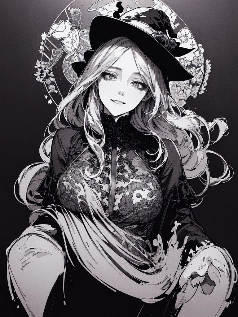 Highest quality, (Background details), High Contrast, Very beautiful woman, Detailed original illustrations、functional、witch、Pointed hat、Black Robe、Delicate face、Charm、Villainess、sexy、Real breasts、Crazy Smile, Crazy Eyes, Black background, (Black background: 1.5), Beautiful line art、Monochrome