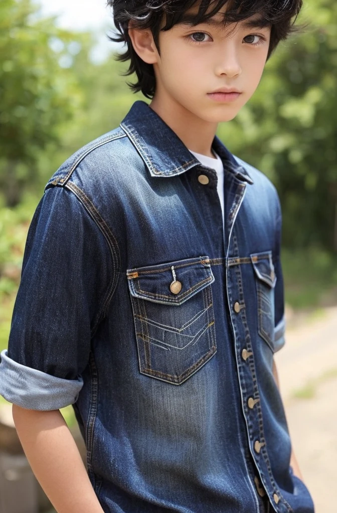 15-year-old boy, Upper body naked, jeans ,Smooth Skin,plateau,  Black Hair,   Thin、Beautiful Boy、Japanese、Dark Eyes、whole body