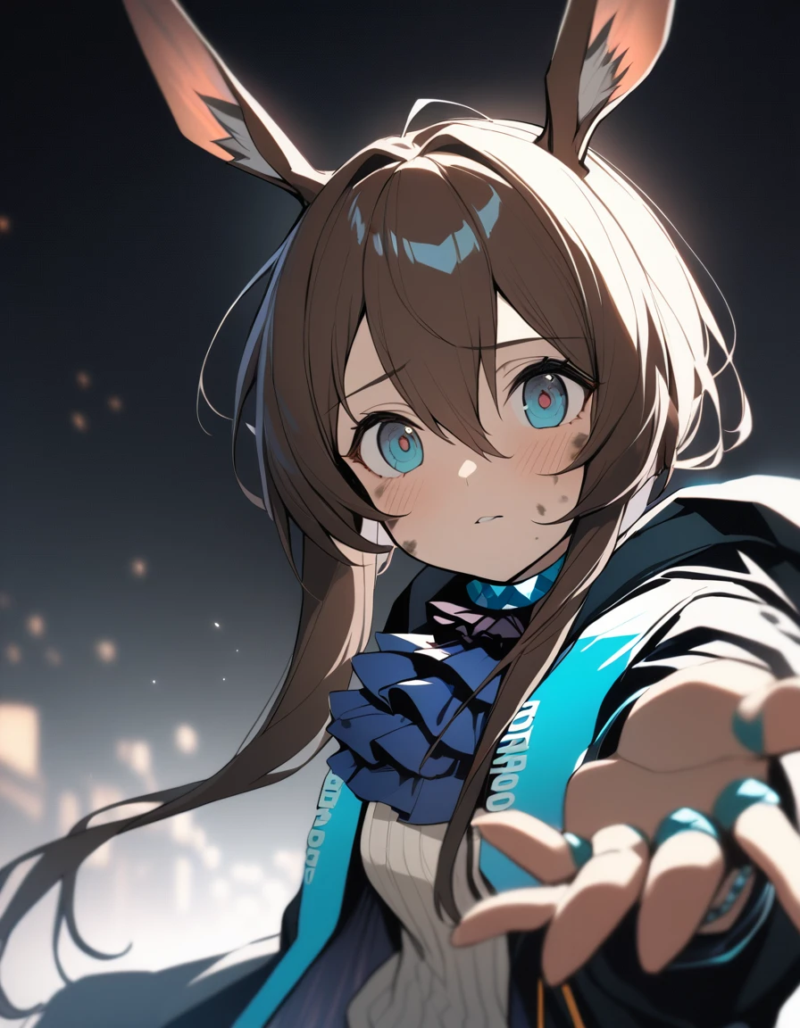 1girl, amiya \(arknights\), arknights, dirty face, outstretched hand, close-up, cinematic angle, foreshortening, dark, dark background, masterpiece, best quality