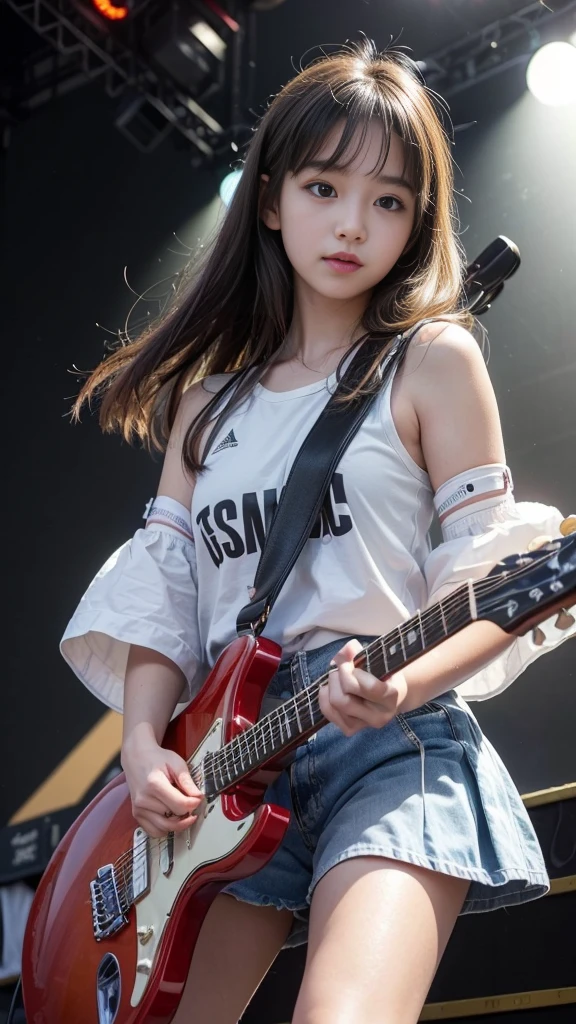 ((Beautiful girl playing electric guitar on stage at school festival:1.2)), (Table Top), (Highest quality, 8K, masterpiece:1.2, RAW Photos), (Realistic:1.2), Japanese, (Innocent face, beautiful girl:1.2, Baby Face:1#39;s face), Stand with your feet apart, Thin thighs, Knee-high, (Sexy Panty Shots:1.4), (Cute tank top and mini pleated skirt:1.2), (Beautiful breasts, Fascinating cleavage), Silky beautiful hair, Short pigtails, ((Detailed eyes and face:1.2, Professional photography techniques, Stage lighting)), (Detailed hands, A girl's small and beautiful hands:1.2), Outdoor Spectators