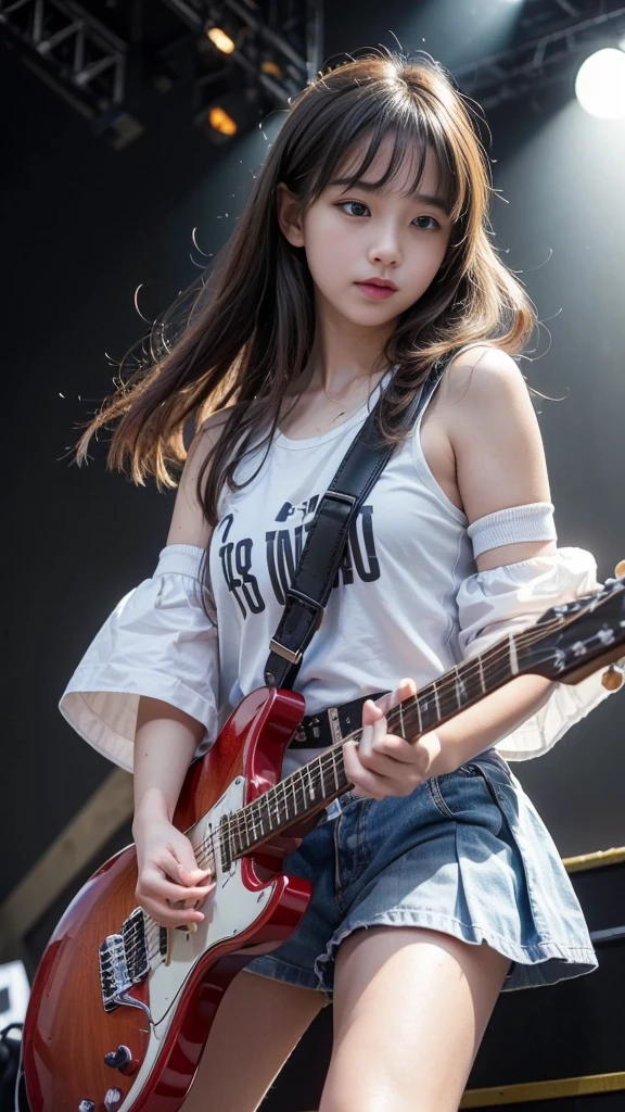 ((Beautiful girl playing electric guitar on stage at school festival:1.2)), (Table Top), (Highest quality, 8K, masterpiece:1.2, RAW Photos), (Realistic:1.2), Japanese, (Innocent face,  beautiful girl:1.2, Baby Face:1#39;s face), Stand with your feet apart, Thin thighs, Knee-high, (Sexy Panty Shots:1.4), (Cute tank top and mini pleated skirt:1.2), (Beautiful breasts, Fascinating cleavage), Silky beautiful hair, Short pigtails, ((Detailed eyes and face:1.2, Professional photography techniques, Stage lighting)), (Detailed hands, A girl&#39;s small and beautiful hands:1.2), Outdoor Spectators