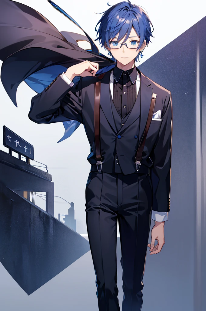 White background、Japan anime illustrations、Adult male、Anime Male、Indigo Hair、Blue eyes like the night sky、Smiling man、Wearing thin glasses、Small earrings、Black suit、suspenders、Brown leather shoean standing and smiling、Man standing facing forward、
