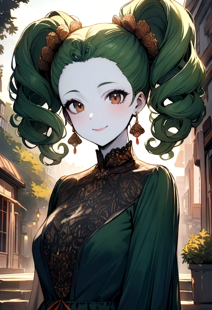 Masterpiece, High Quality, Ultra High Resolution, Solo, Outdoors, Looking at the viewer, Smiling, Kay, One girl, Long hair, Curly hair, Perm, Green hair, Earrings, Brown eyes, White skin, Pretty girl, Dress, Hairstyle pattern, Twin tails