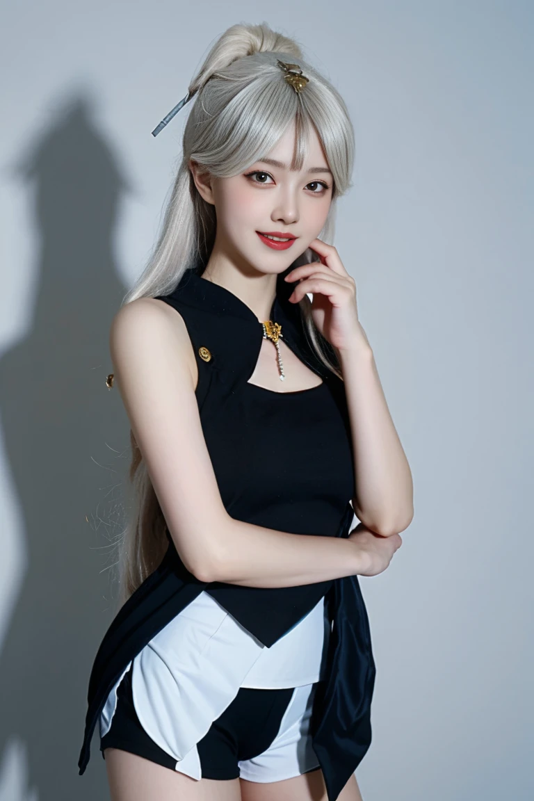 best quality, tmasterpiece,Ultra-high resolution,Clear face,(Reality:1.4),ferpect lighting,(upper body shot:1.5), (photorealistic:1.50), anime wallpaper, Guviz style artwork, cover-up fantasy up to magic , by Yang J, Guviz, beautiful artwork illustration, beautiful digital artwork, beautiful digital illustration, Li Song, beautiful anime portrait, art style in Beauvot,1girl, silver hair, long hair,bangs, smile,Blush,(front:1.3),(standing:1.3), Bare shoulders, Cheeks flushed, Blush, Eye bags closed, double eyelids,
kamisato ayaka, long hair, ponytail, hair band, hair ornament, mole under the eye, blue eyes, breastplate, armor, (sleeveless), (bare shoulders), Japanese dress, (black shorts:1.5), tassel, gray background , upper body, smile, closed mouth,