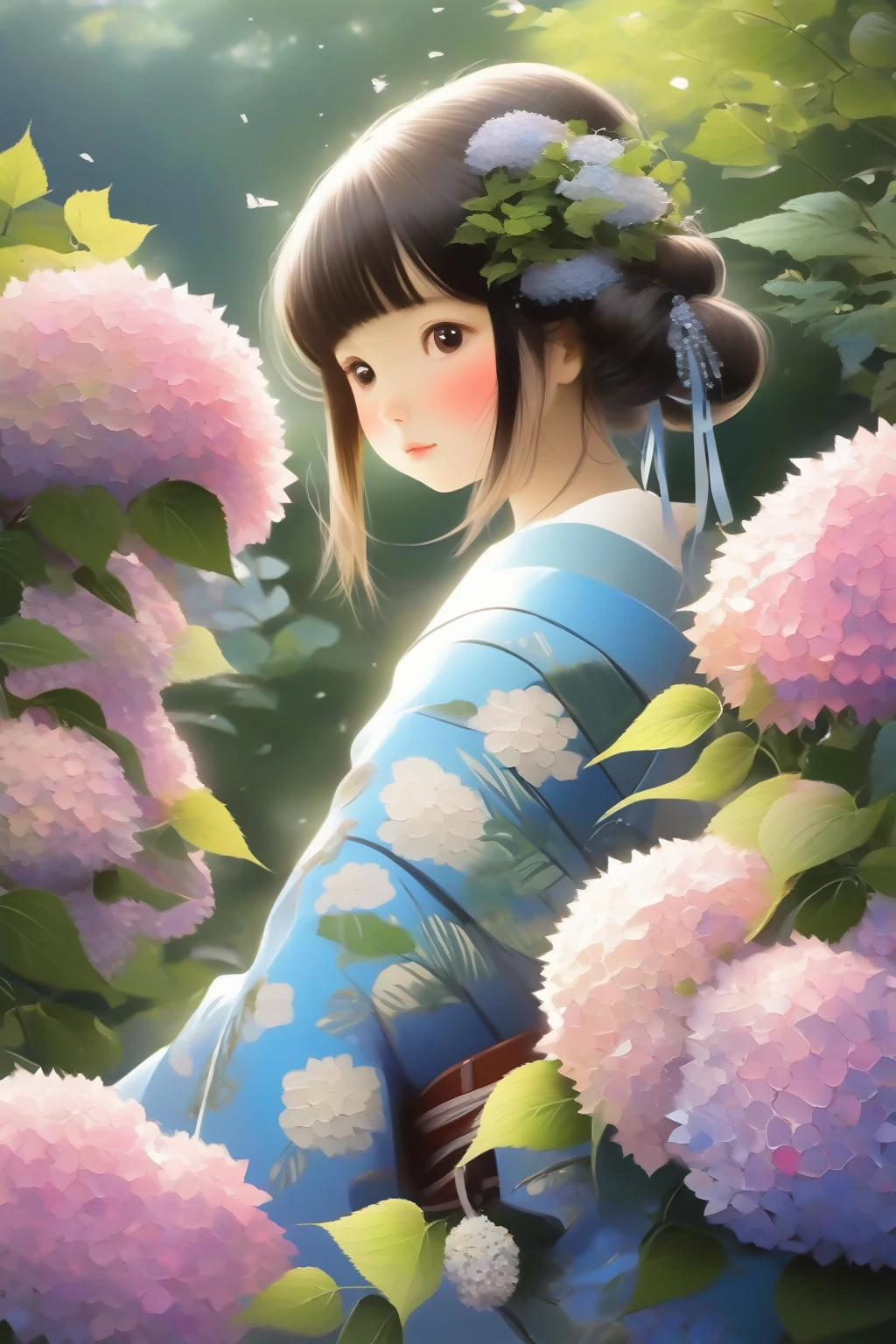 Japanese style girl and hydrangea