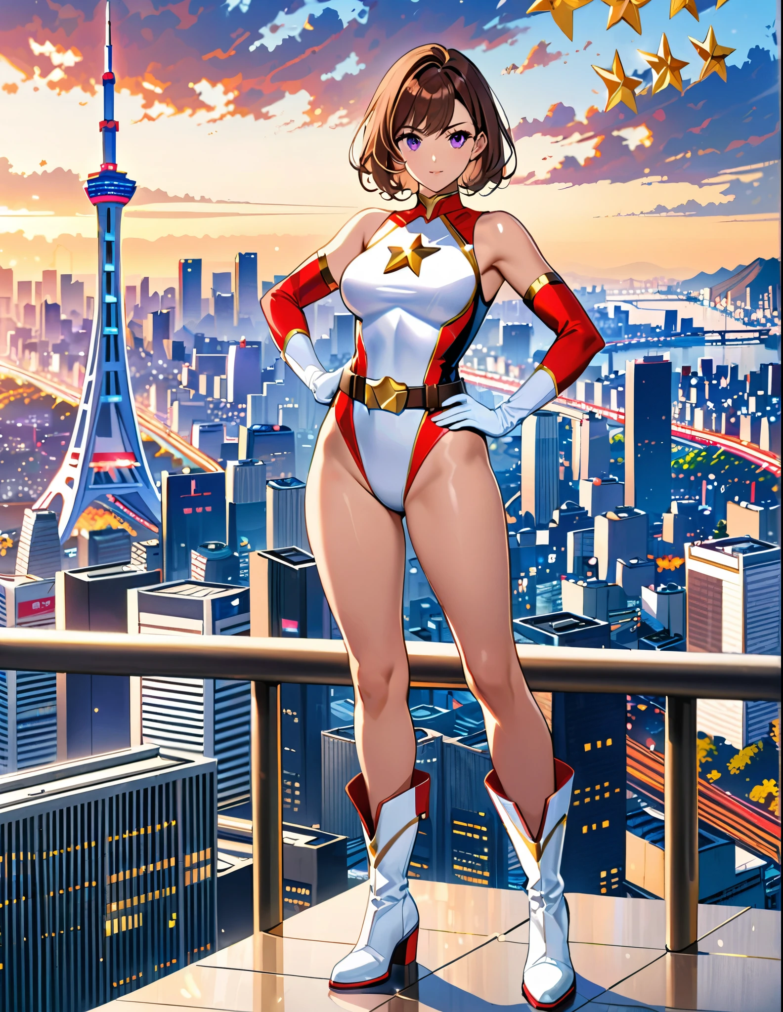 (masterpiece), (best quality), (high res), medium breasts, ((leotard, white and red leotard, matching leotard, sleeveless, bare legs)), ((tight belt, gold belt)), ((boots, matching boots, ankle-high boots, white boots)), ((gloves, white gloves)), city backdrop, tokyo city backdrop, solo, solo focus, standing, (full body), cowboy shot, superhero, ((beautiful detailed eyes)), ((gold star symbol on chest)), (brown hair, medium hair, bob hair, purple eyes), (perfect hands, perfect anatomy), cowboy shot, superhero, ((beautiful detailed eyes)), full body costume design.