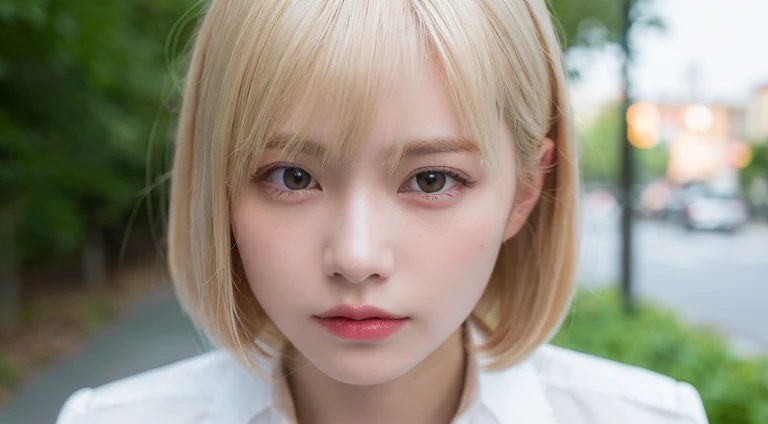 (Bob Cut Hair, Platinum Blonde Hair:1.2),(Wearing school uniform:1.2),1 girl,Japanese,21 years old,(Small breasts:1.3),(Highest quality,masterpiece:1.3,超A high resolution,),(Ultra-detailed,Caustics),(Photorealistic:1.4,RAW shooting,)Ultra-Realistic Capture,Very detailed,High resolution 16K human skin close-up。 Natural skin texture、,Pores、、It needs to be detailed enough to be easily identifiable。 Skin should be even-toned and healthy looking。 Use natural light and colour, Sad expression, Looking at the camera, Perfect dynamic composition, Outdoor