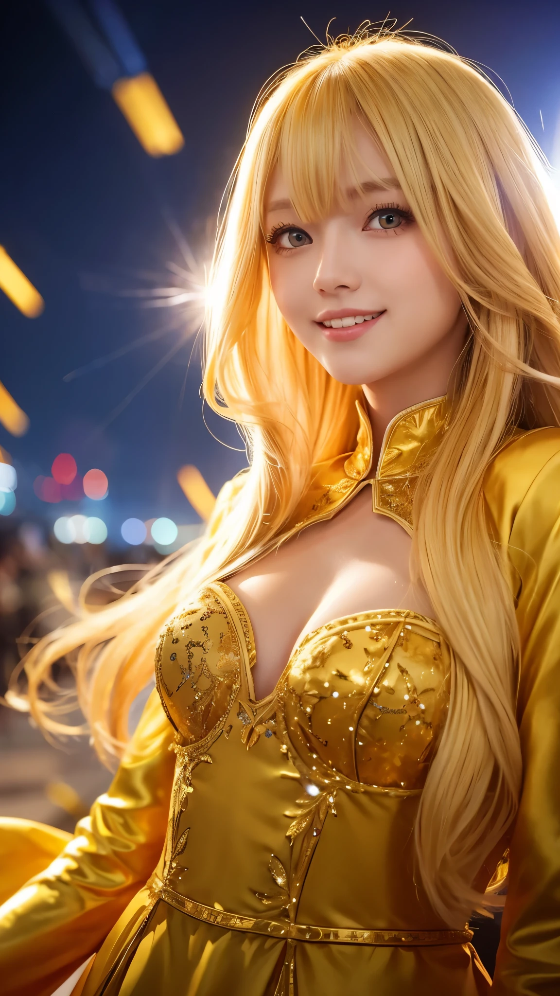 girl, Flowing golden blonde hair, Yellow Eyes, Golden Imperial Costume, Neckline, anime, In the background is a clear sky with sparkling lights, Dynamic Angle, Arrogant Laugh