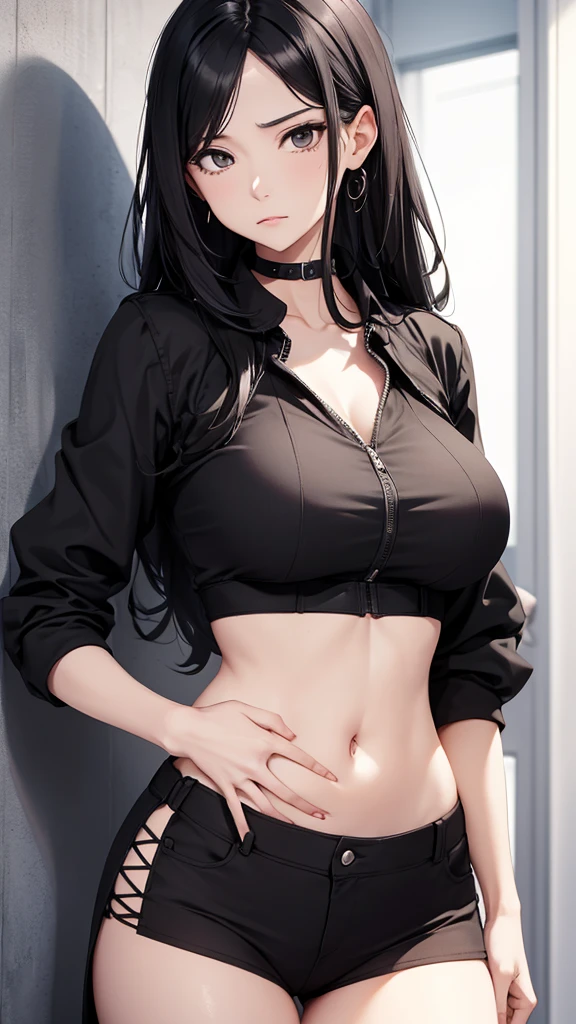 A woman in her 20s with her hands on her stomach. Black hair. A slightly troubled expression.