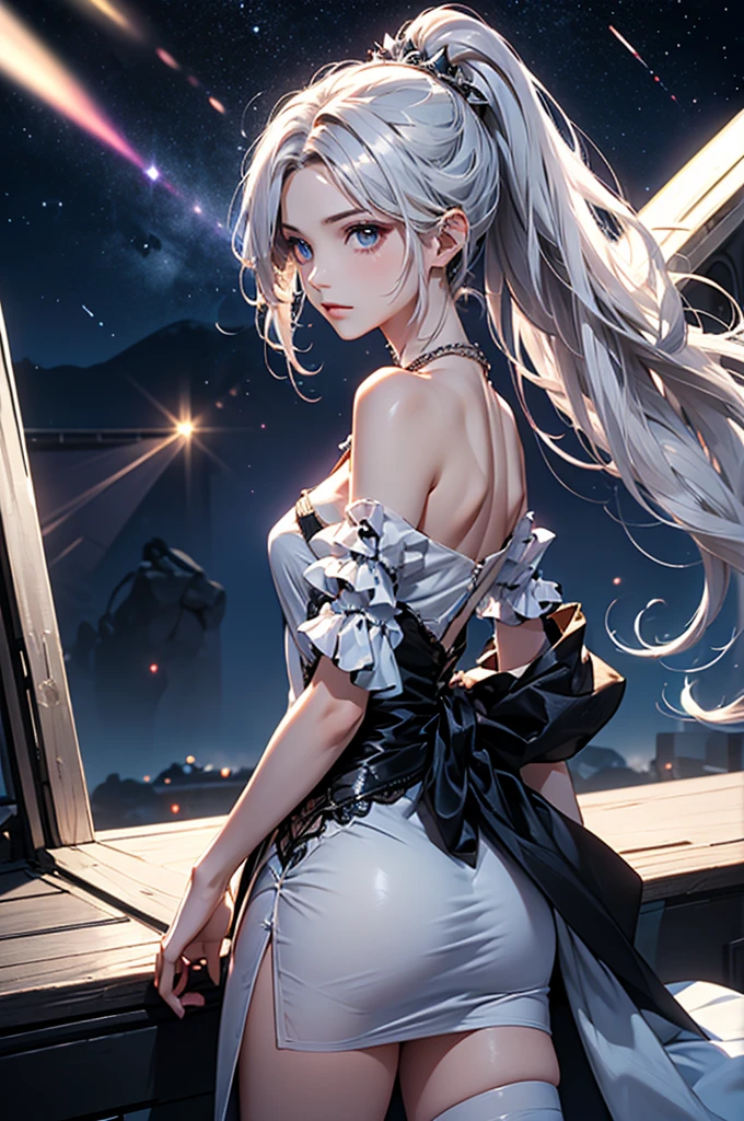 (masterpiece:1.5, Highest quality, Very detailed、 Dutch Angle、Semi-Realistic、Fantasy)(One girl, alone)(White and beautiful hair:1.4,,Straight Long Hair)(White based dress)、((Off the shoulder、Medium Chest、ruby ​​necklace))(from backside,The buttocks are slightly visible、Legs wrapped in tights)(Beautiful starry sky、Mystical Night、Particles of light float around the woman、Fantasyな空間)Kiana Kaslana
