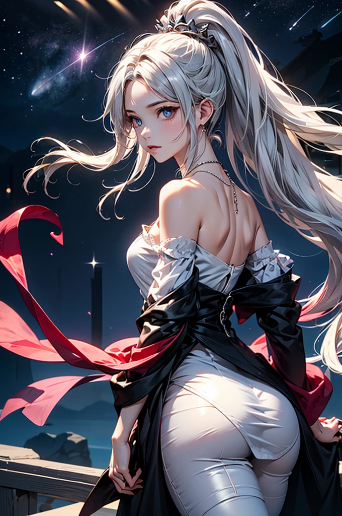 (masterpiece:1.5, Highest quality, Very detailed、 Dutch Angle、Semi-Realistic、Fantasy)(One girl, alone)(White and beautiful hair:1.4,,Straight Long Hair)(White based dress)、((Off the shoulder、Medium Chest、ruby necklace))(from backside,The buttocks are slightly visible、Legs wrapped in tights)(Beautiful starry sky、Mystical Night、Particles of light float around the woman、Fantasyな空間)Kiana Kaslana