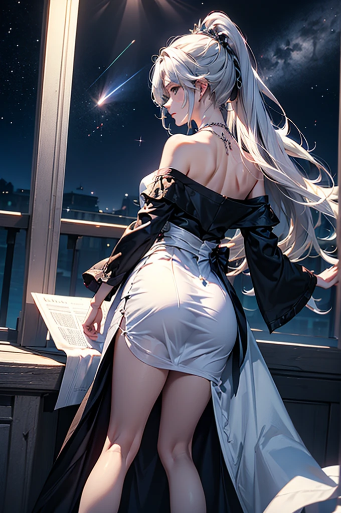 (masterpiece:1.5, Highest quality, Very detailed、 Dutch Angle、Semi-Realistic、Fantasy)(One girl, alone)(White and beautiful hair:1.4,,Straight Long Hair)(White based dress)、((Off the shoulder、Medium Chest、ruby necklace))(from backside,The buttocks are slightly visible、Legs wrapped in tights)(Beautiful starry sky、Mystical Night、Particles of light float around the woman、Fantasyな空間)Kiana Kaslana
