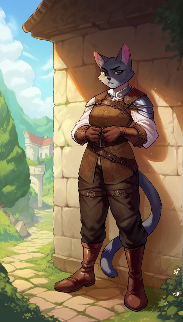 score_9, score_8_up, score_7_up, score_6_up, score_5_up, score_4_up, 
Cat, solo, female, (athletic, anthro, grey fur, tail), full body, medieval, (ranger, wearing hunter leather clothes), temple background