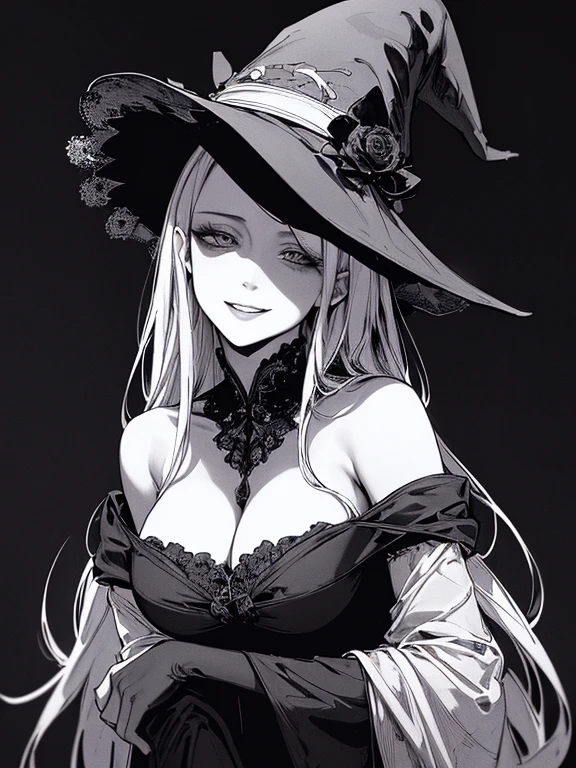 Highest quality, (Background details), High Contrast, Very beautiful woman, Detailed original illustrations、functional、witch、Pointed hat、Black Robe、Delicate face、Charm、Villainess、sexy、Real breasts、Crazy Smile, Crazy Eyes,   Black background, (Black background: 1.5), Beautiful line art、Monochrome