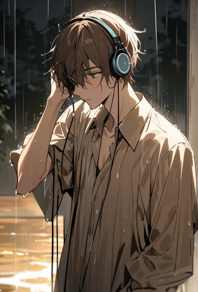 A man in his twenties wearing a pastel brown gown listening to music from his headphone while being wet in the pouring rain