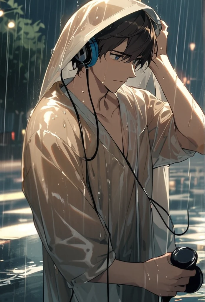 A man in his twenties wearing a pastel brown gown listening to music from his headphone while being wet in the pouring rain