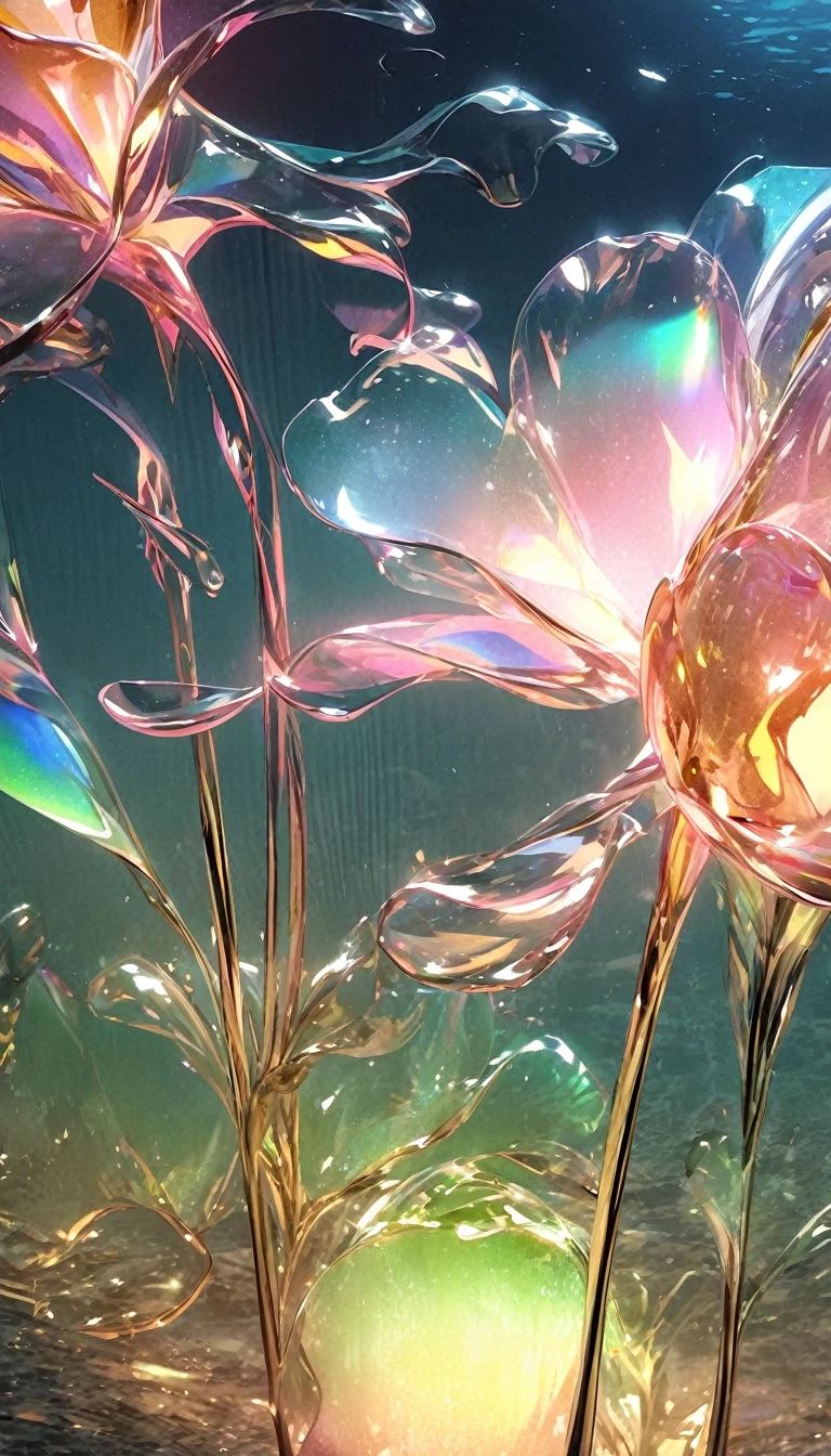 (Beauty)，night，moon，lake surface，gold，pink，green，blue, red, glass texture、Light， Gradient translucent glass melt, clean no humans