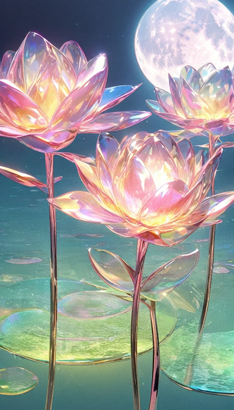 (Beauty),night,moon,lake surface,gold,pink,green,blue, red, glass texture、Light, Gradient translucent glass melt, clean no humans