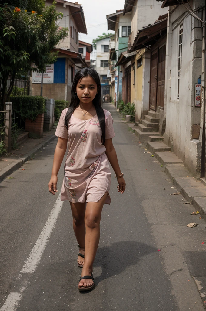 Nepalese young girl walking on the road