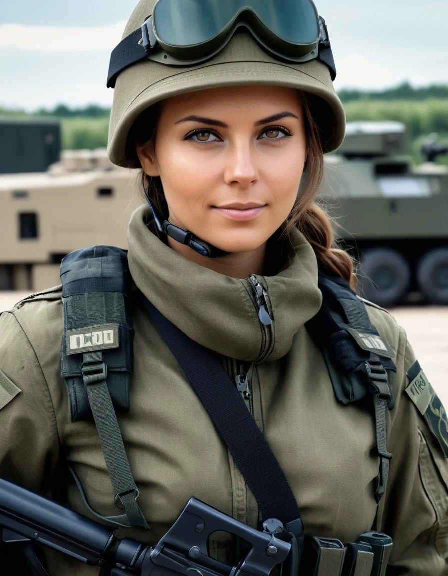 Hyperrealistic art photo of m4d1s0n a woman, wearing a military outfit, looking at viewer, at a military base, . Extremely high-resolution details, photographic, realism pushed to extreme, fine texture, incredibly lifelike
