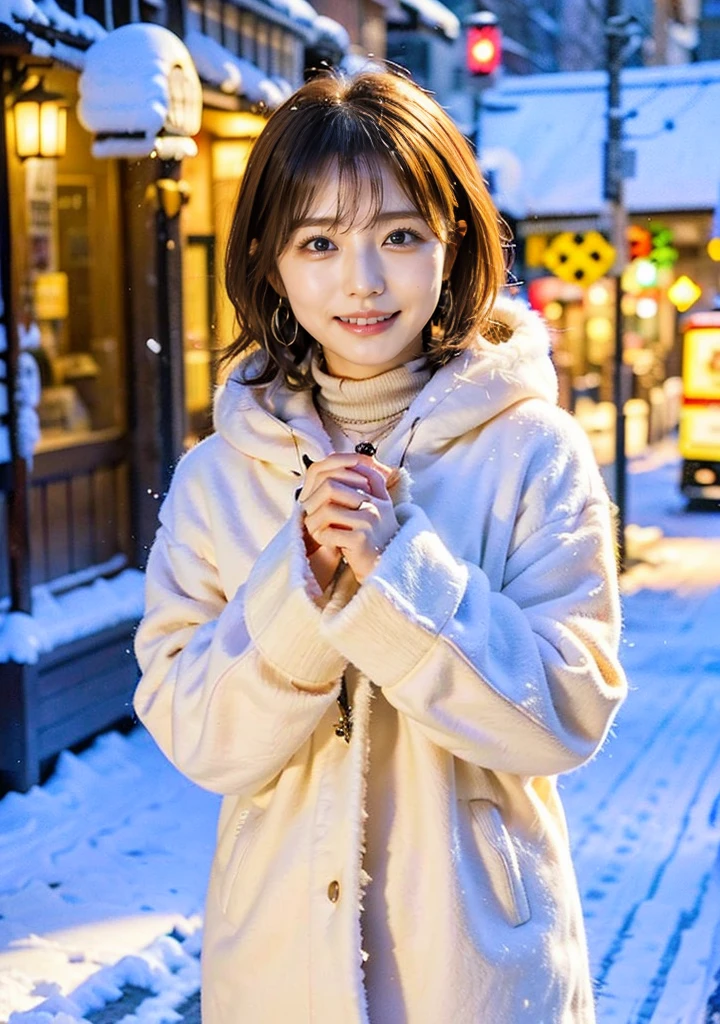 Outdoors in the city、Fur coat、豪華なグレーのミンクのFur coat、Wear fine leather boots、Luxury Bags、Inner turtleneck、Silver necklace and small silver earrings, Illionaire style:1.4))、Full body photo、smile、 Caustics、Highly detailed photos、Very beautiful woman 、Ample breasts、No makeup、(8K、RAW Photos、Highest quality、masterpiece:1.2)、(Realistic、Realistic)、1 Girl、((Medium Short Hair、Midwinter、Cold region Snow falling、The wind is blowing、Fluttering Hair、Blur the background、Colorful illuminations、Looking into the camera:1.4))、