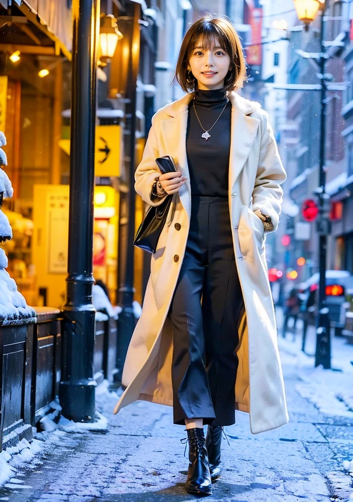 Outdoors in the city、Fur coat、豪華なグレーのミンクのFur coat、Wear fine leather boots、Luxury Bags、Inner turtleneck、Silver necklace and small silver earrings, Illionaire style:1.4））、Full body photo、smile、 Caustics、Highly detailed photos、Very beautiful woman 、Ample breasts、No makeup、(8K、RAW Photos、Highest quality、masterpiece:1.2)、(Realistic、Realistic)、1 Girl、((Medium Short Hair、Midwinter、Cold region Snow falling、The wind is blowing、Fluttering Hair、Blur the background、Colorful illuminations、Looking into the camera:1.4))、
