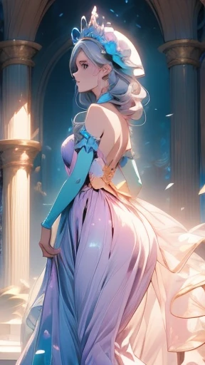 Beautiful princess wearing a giant hat, walking, epic, (glowing pastel) dark dress, rapunzel, flying hair, magical, unrealistic physic
