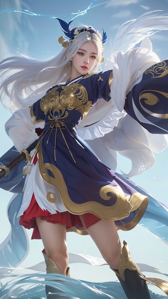 A close up of a beautiful woman in a flowing white dress with ethereal wings, holding a glowing sword, exquisite detailed onmyoji style art, a white haired deity, mystical onmyoji fantasy, intricate ornate details, dramatic lighting, vivid colors, digital art, concept art, cinematic composition, hyper realistic, 8k, best quality, masterpiece