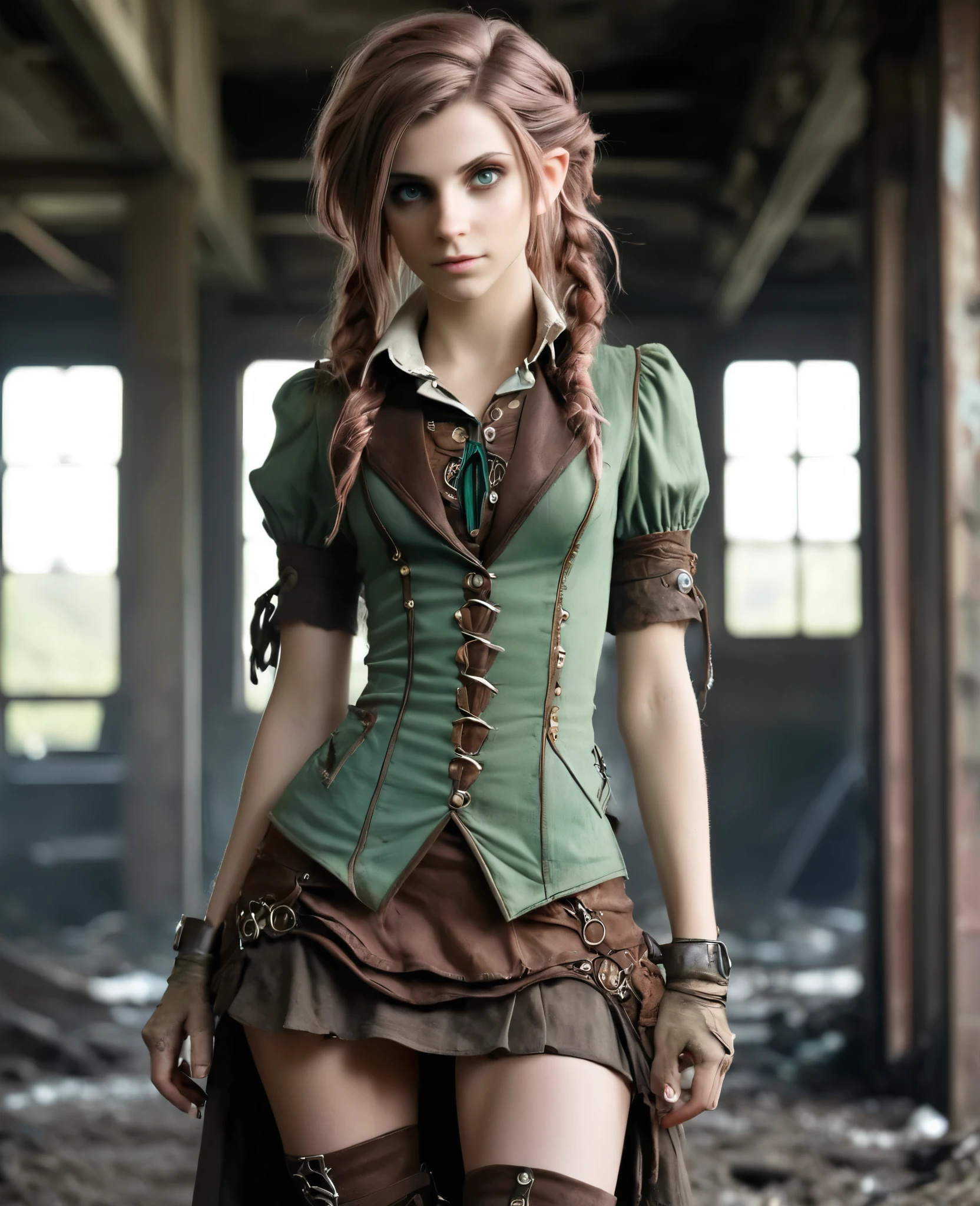 cute elf, (teenage elf  with extremely cute eyes)), (((elf))), ((((high resolution))), (((extremely detailed))), ((masterpiece)), looks like Aerith Gainsborough, dramatic shadows, depth of field, analog photo style, (world in which are collide steampunk and postapocalyptic vibes), postapocalyptic cute female in steampunk aesthetic, torn dirty clothes, depth of field, full body shot, unzoomed, (perfect body: 1.4), (sidecut short hairstyle), (stalking is quite common, although not the best way to make a living), stylized atmosphere of unreality, dark atmosphere, dynamic pose, in motion, Armageddon, increase cinematic lighting, highly lifelike skin texture, parted lips, weary eyes, fine eyes, whitened skin, random hair colour, doomsday aura