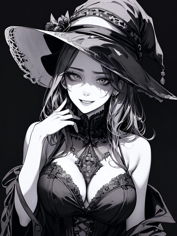 Highest quality, (Background details), High Contrast, Very beautiful woman, Detailed original illustrations、functional、witch、Pointed hat、Black Robe、Delicate face、Charm、Villainess、sexy、Real breasts、Crazy Smile, Crazy Eyes,   Black background, (Black background: 1.5), Beautiful line art、Monochrome