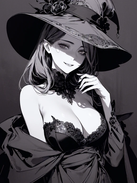 Highest quality, (Background details), High Contrast, Very beautiful woman, Detailed original illustrations、functional、witch、Pointed hat、Black Robe、Delicate face、Charm、Villainess、sexy、Real breasts、Crazy Smile, Crazy Eyes,   Black background, (Black background: 1.5), Beautiful line art、Monochrome