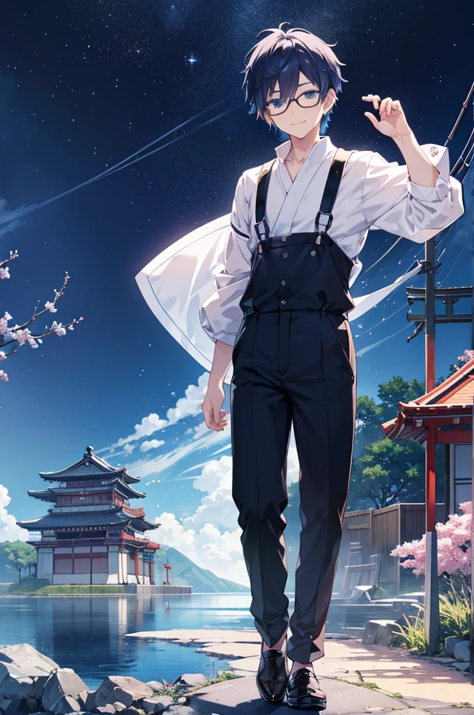 White background、Japan anime illustrations、Adult male、Anime Male、Indigo Hair、Blue eyes like the night sky、Smiling man、Wearing thin glasses、Small earrings、Black shirt、suspenders、Brown leather shoean standing and smiling、Man standing facing forward、