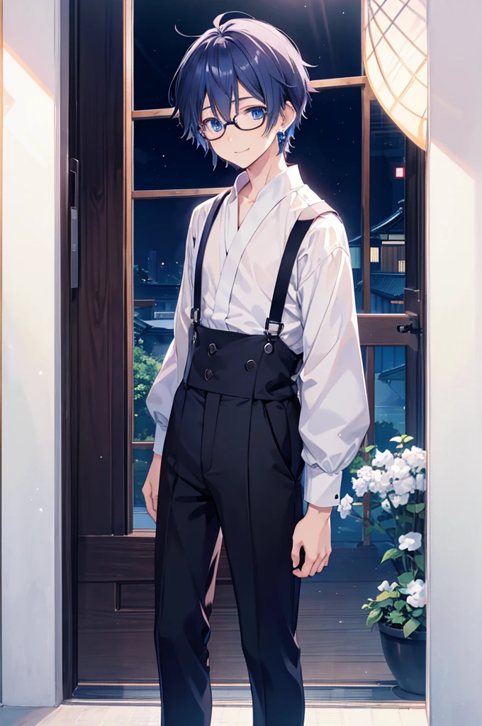 White background、Japan anime illustrations、Adult male、Anime Male、Indigo Hair、Blue eyes like the night sky、Smiling man、Wearing thin glasses、Small earrings、Black shirt、suspenders、Brown leather shoean standing and smiling、Man standing facing forward、