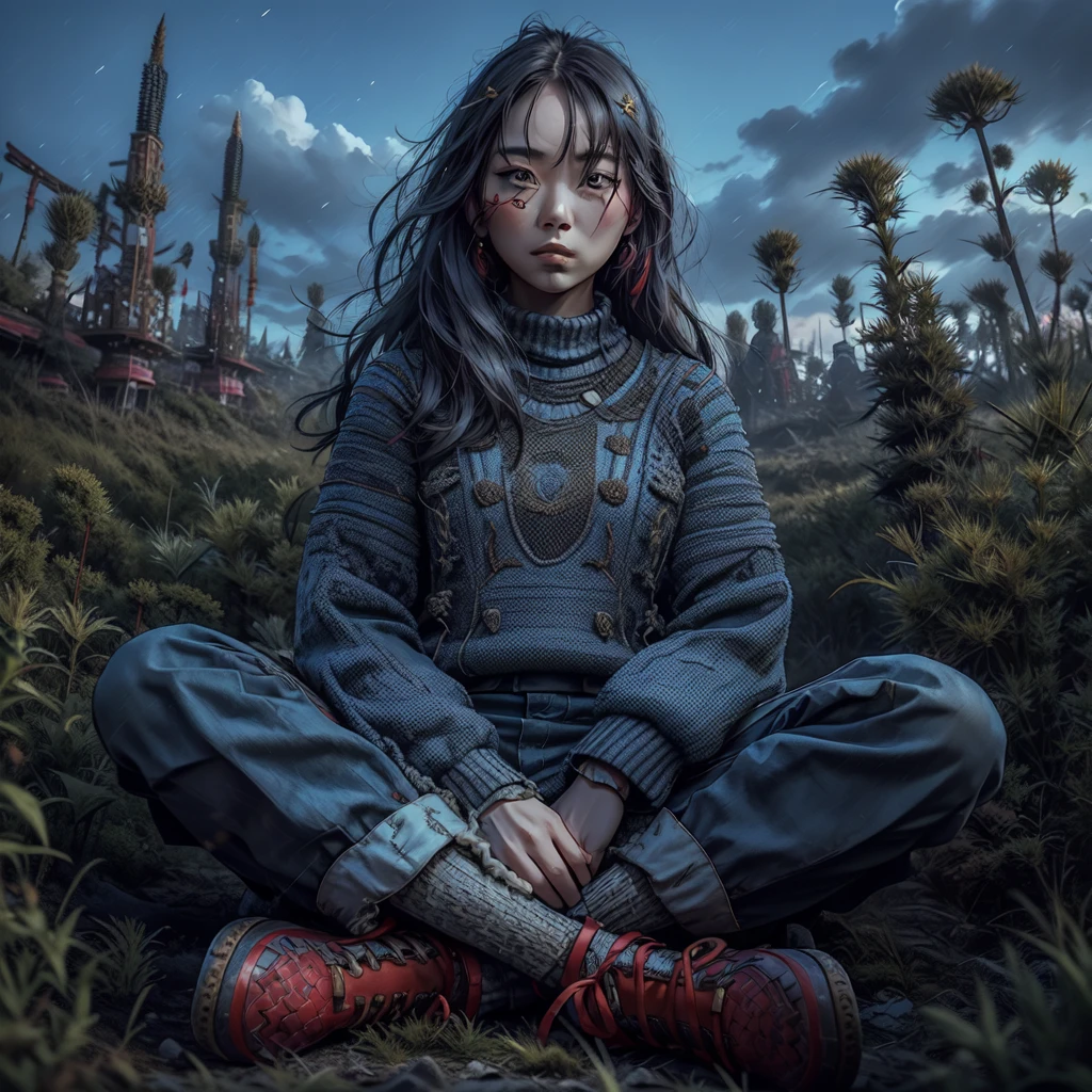 real potrait, full body, Longshot, a Korean woman with long hair wearing a blue sweater, wear trousers, wearing red shoes, sitting on a field full of weeds, evening sky, face facing forward, intricate details