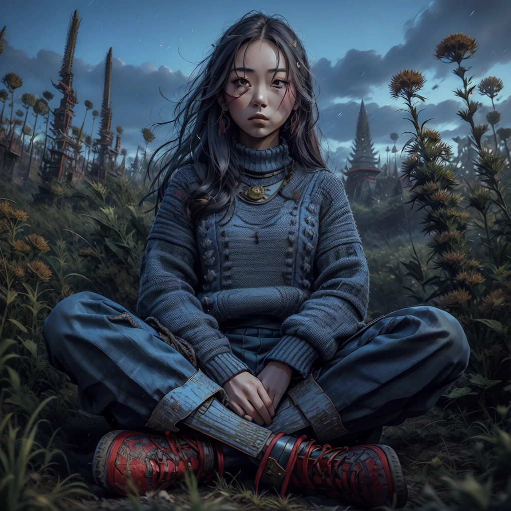 real potrait, full body, Longshot, a Korean woman with long hair wearing a blue sweater, wear trousers, wearing red shoes, sitting on a field full of weeds, evening sky, face facing forward, intricate details