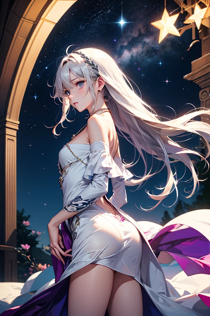 (masterpiece:1.5, Highest quality, Very detailed、 Dutch Angle、Semi-Realistic、Fantasy)(One girl, alone)(White and beautiful hair:1.4,,Straight Long Hair)(White based dress)、((Off the shoulder、Medium Chest、ruby necklace))(from backside,The buttocks are slightly visible、Legs wrapped in tights)(Beautiful starry sky、Mystical Night、Particles of light float around the woman、Fantasyな空間)Kiana Kaslana