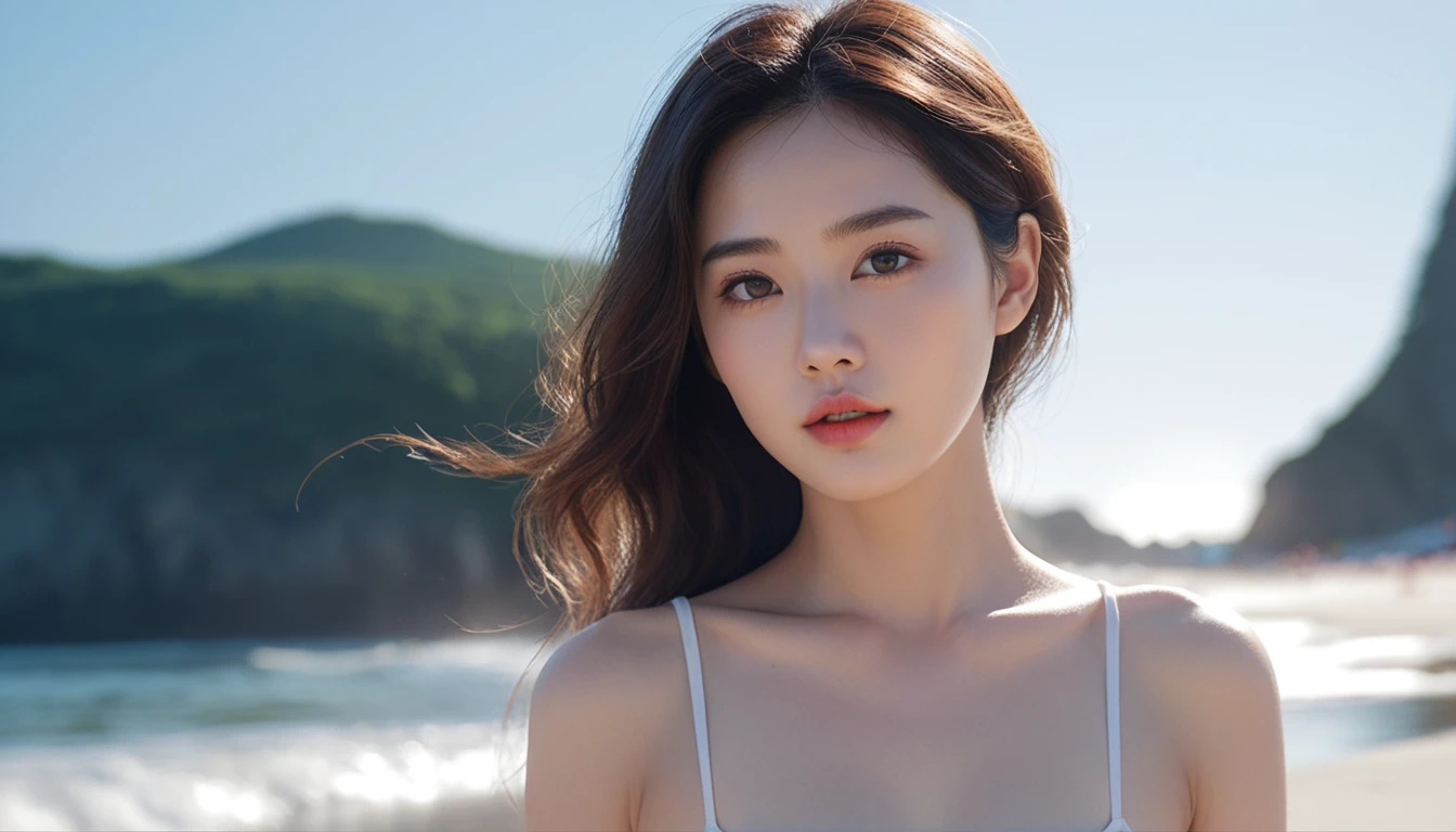 (1 woman:1.3), alone, ((Very detailed face)), ((very detailed 눈과 얼굴)))), beautiful 디테일의 눈, full body body parts, official art, Integrated 8K wallpaper, very detailed, beautiful and beautiful, beautiful, masterpiece, best quality, original, masterpiece, very nice photo, best quality, ultra high resolution, realistic realism, sunlight, full body portrait, amazing beauty, dynamic pose, delicate face, lively eyes, (from the front), she is naked, very detailed 해수욕장 배경, beach waves view, detailed face, Detailed complex busy background, very cool, milk white, very detailed 피부, realistic skin details, visible pores, clear focus, 8k upscale, dslr, high quality, film grain, fair skin, photo realism, lomography, Futuristic dystopian megacity, transparent