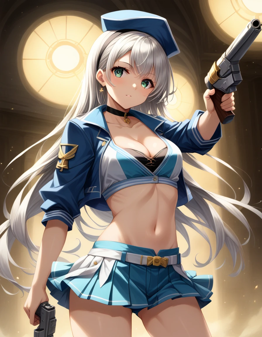 score_9,score_8_up,score_7_up,score_6_up,score_5_up,score_4_up, ,source_anime BREAK,from side,front view,(soro focus),,straight-on,standing,,looking at viewer,masterpiece, best quality, very aesthetic, absurdres,extremely detailed CG unity 8k wallpaper,cinematic angle, great lighting, detailed shadows,detailed body, anime artwork, anime style, key visual, vibrant,studio anime, highly detailed, anime coloring,raceElie, hairband, choker, blue hat, blue jacket, cropped jacket, cleavage, midriff, blue shorts, pleated skirt,holding a gun,silver gun,aiming at viewer, focused gun, (zoom in upper body:1.2),