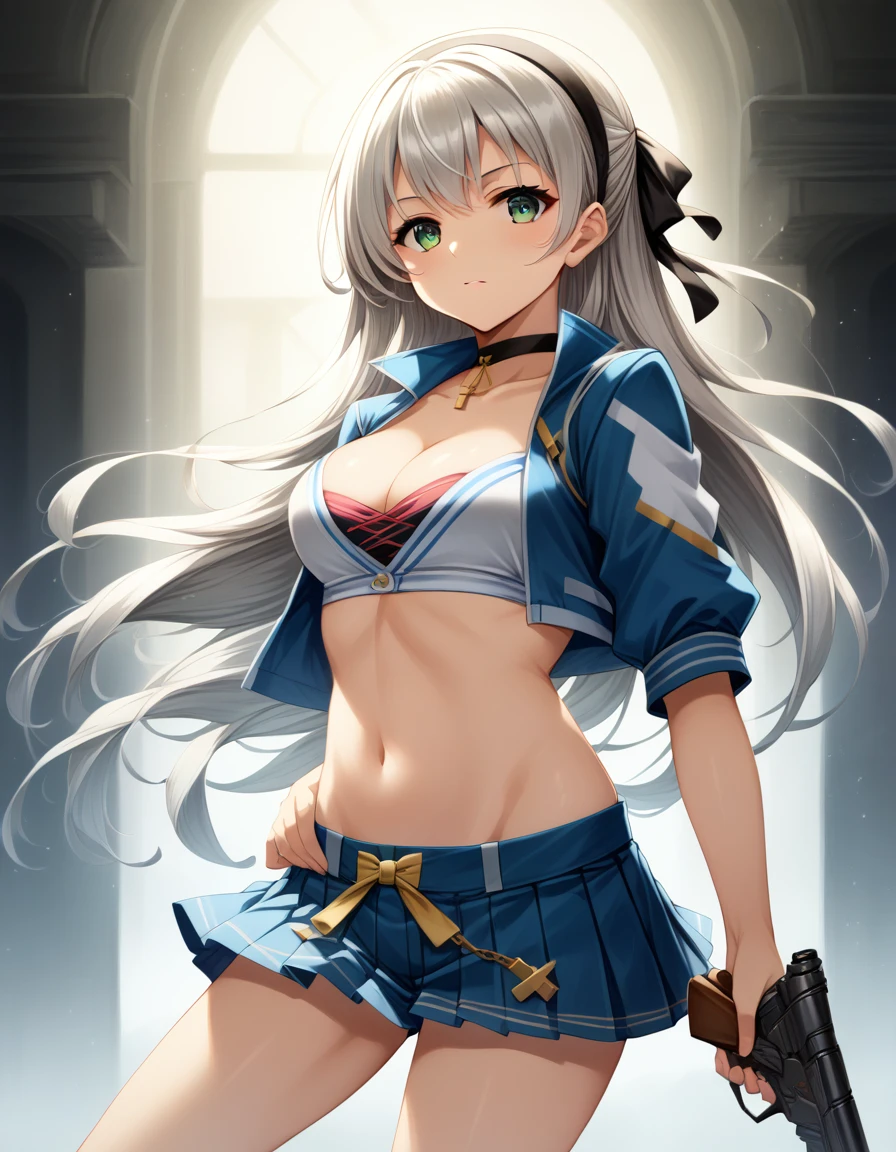 score_9,score_8_up,score_7_up,score_6_up,score_5_up,score_4_up, ,source_anime BREAK,from side,front view,(soro focus),,straight-on,standing,,looking at viewer,masterpiece, best quality, very aesthetic, absurdres,extremely detailed CG unity 8k wallpaper,cinematic angle, great lighting, detailed shadows,detailed body, anime artwork, anime style, key visual, vibrant,studio anime, highly detailed, anime coloring,raceElie, hairband, choker, blue hat, blue jacket, cropped jacket, cleavage, midriff, blue shorts, pleated skirt,holding a gun,silver gun,aiming at viewer, focused gun, (zoom in upper body:1.2),