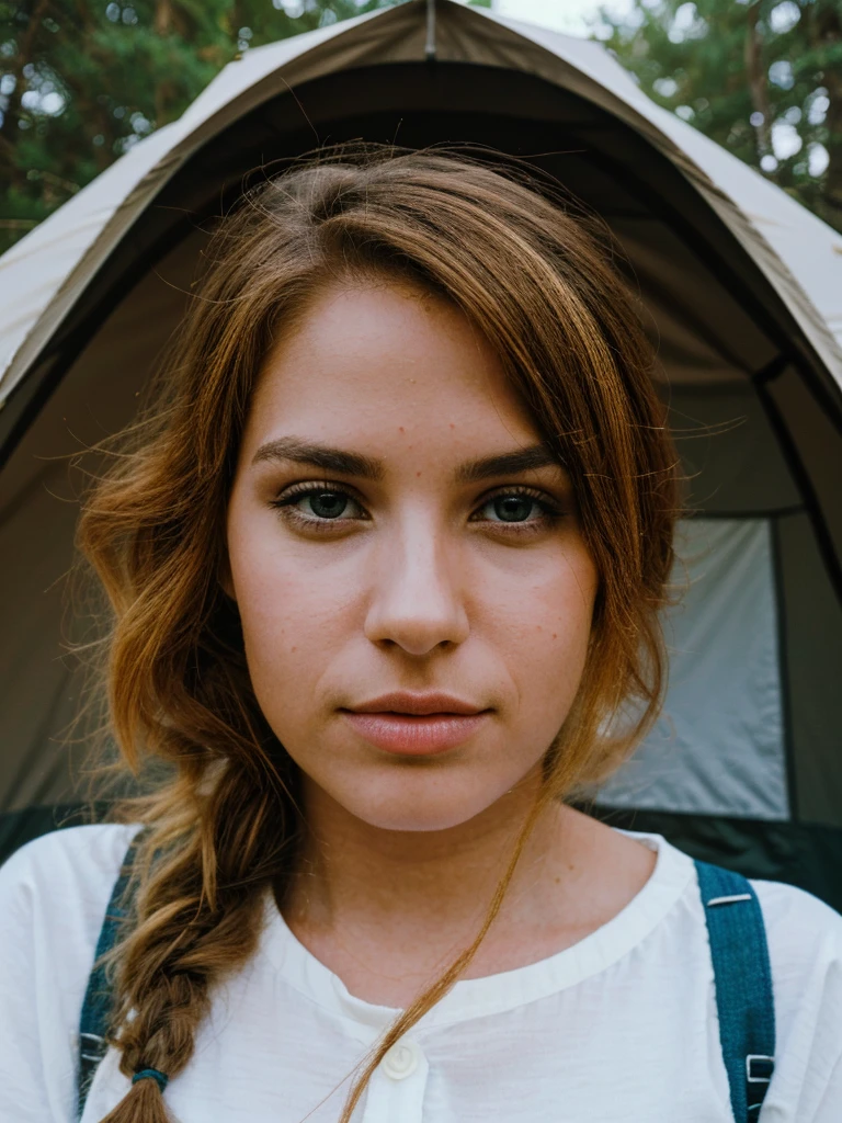 a girl in a camping tent, beautiful detailed eyes, beautiful detailed lips, extremely detailed face and skin, long eyelashes, camping gear and supplies, survival tools, campfire, lake, waterfall, sunset, birds flying, (best quality,4k,8k,highres,masterpiece:1.2),ultra-detailed,(realistic,photorealistic,photo-realistic:1.37),landscape,warm colors,dramatic lighting