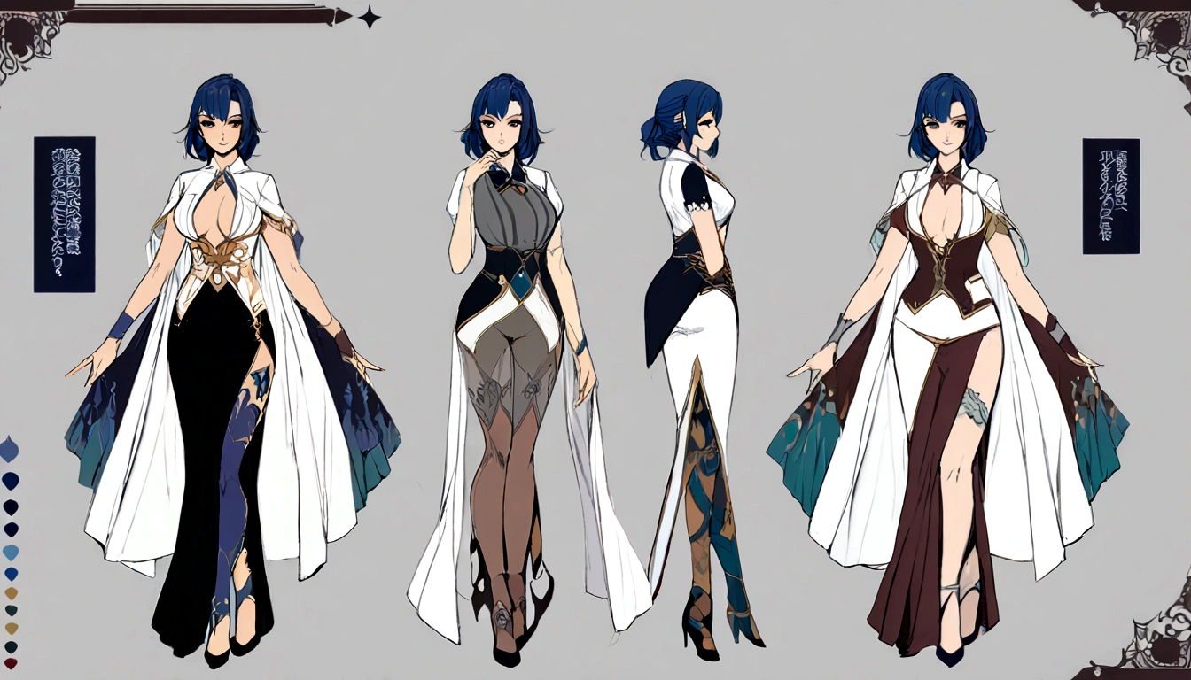 character design, anime girl, design, just one character, clothes, teacher clothes, sexy girl, fantasy clothes, complex design, body rotation