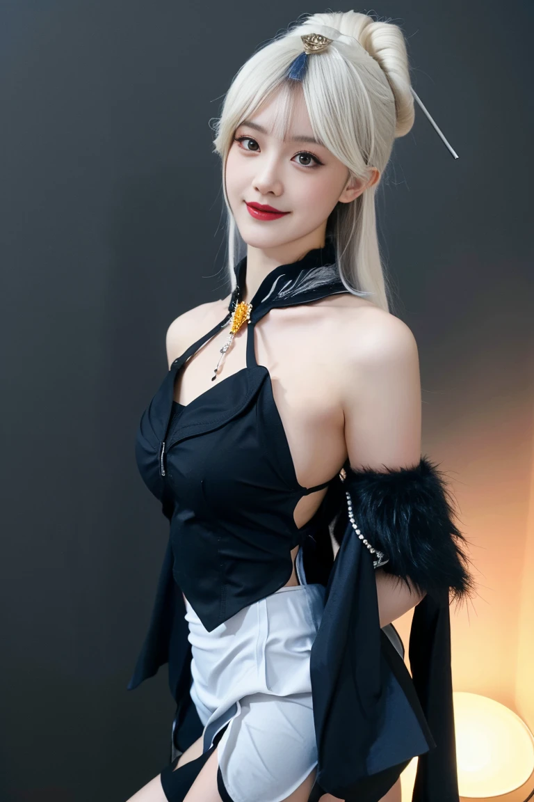 best quality, tmasterpiece,Ultra-high resolution,Clear face,(Reality:1.4),ferpect lighting,(upper body shot:1.5), (photorealistic:1.50), anime wallpaper, Guviz style artwork, cover-up fantasy up to magic , by Yang J, Guviz, beautiful artwork illustration, beautiful digital artwork, beautiful digital illustration, Li Song, beautiful anime portrait, art style in Beauvot,1girl, silver hair, long hair,bangs, smile,Blush,(front:1.3),(standing:1.3), Bare shoulders, Cheeks flushed, Blush, Eye bags closed, double eyelids,
kamisato ayaka, long hair, ponytail, hair band, hair ornament, mole under the eye, blue eyes, breastplate, armor, (sleeveless), (bare shoulders), Japanese dress, (black shorts:1.5), tassel, gray background , upper body, smile, closed mouth,